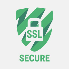 Global SSL Security Icon. Safe and Secure Web sites on the Internet. SSL certificate for the site. Advantage TLS. Closed padlock on a green shield. Material Design icon. Vector illustration.