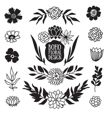 Boho black decorative plants and flowers collection. Hand drawn vector design elements.