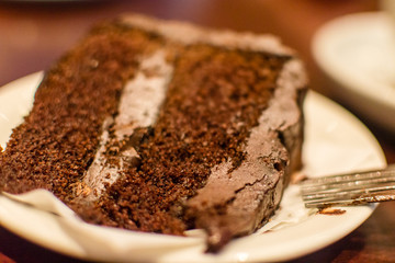 Slice of Chocolate Fudge Cake with fork on a plate C