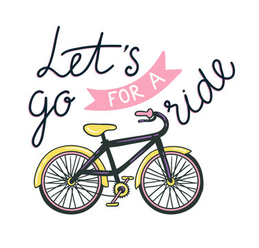 Vector hand drawn illustration with bicycle and stylish phrase - just ride. Cycling design for t-shirt print, motivational poster.