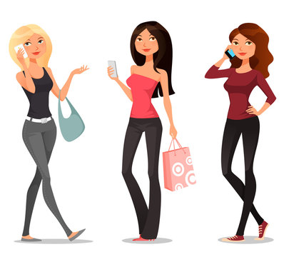 cute cartoon girls with mobile phones