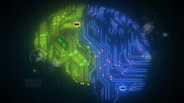 Concept colored circuit board in form of human brain, Hud display and animation of brain work.