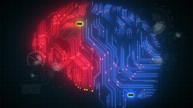 Concept colored circuit board in form of human brain, Hud display and animation of brain work.