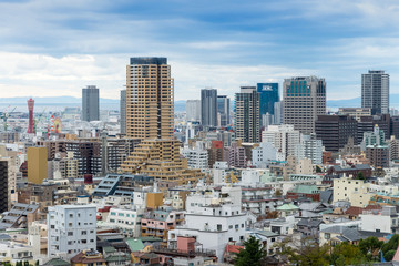 Fototapeta premium Cityscapes of Kobe in Fog winter, Skyline of Kobe, office buildi