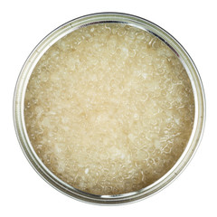 above view of open can with caviar of halibut
