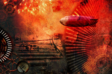 Vintage steampunk design background with cogs, airship, clocks, fireworks and steam engine elements. Grunge textured digital photo illustration.