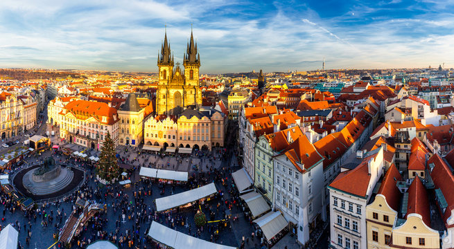 Famous Tyn Church on Old Town Square during Christmas, Prague, Czech Republic