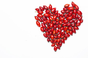 bunch of dog rose isolated on white background. Different types Rosa canina hips - selective focus. room for text 