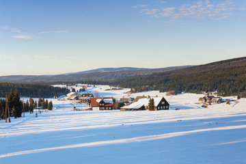 Settlement Jizerka in Jizera Mountains in winter, Czech Republic