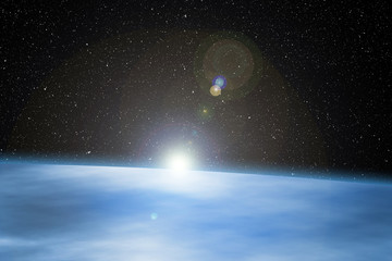 Space Background with Sunrise Over Blue Planet