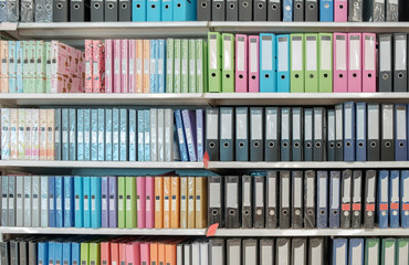 Office folders / Office folders on shelf in the store.