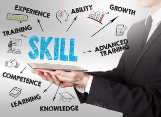 Skill concept, young man holding a tablet computer
