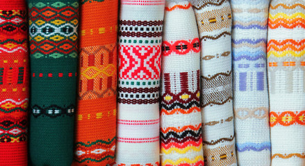 Colorful fabrics with traditional Bulgarian embroidery