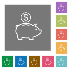Dollar piggy bank square flat icons