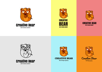 Creative bear character ideal logo for freelancer or design agency. Vector funny bear sucking pencil.