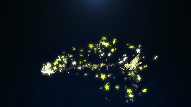 Animation golden sparkle jewelry butterfly insect flying with glittering stars pattern in advertisement promotion or seasonal holiday celebration or presentation title concept in 4k