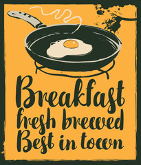 vector banner for a cafe with breakfast with a frying pan and fried eggs