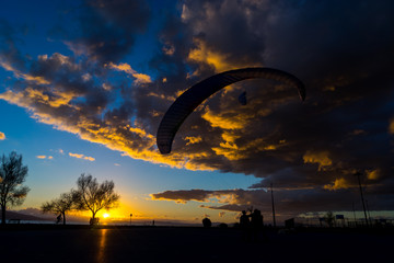 Silhouette skydiver parachutist training at sunset