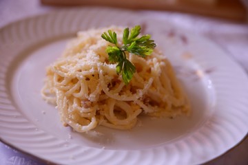 Pasta carbonara prepared in an italian restaurant