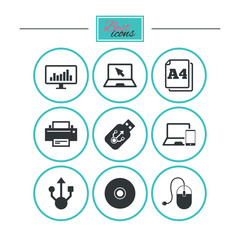 Computer devices icons. Printer, laptop signs.