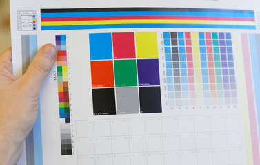Hand holding a colorful test print for inspection