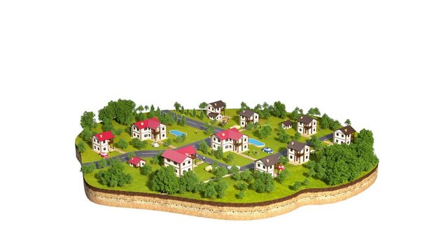 Symbolic island life of a small town, with people's daily life. As Sims 3d animation. Alpha matte