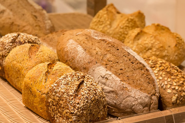 Different types of bread on the shelves