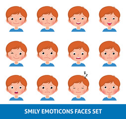 Boy child cute emoji, set smily emoticons faces