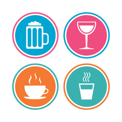 Drinks signs. Coffee cup, glass of beer icons.