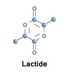 Lactide is the cyclic di-ester of lactic acid. Industrial vector molecule illustration of a compound using for polymerization to polylactic acid.