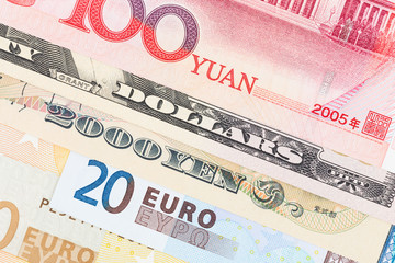 Us Dollar, Euro, Japanese Yen, and Chinese Yuan banknote money