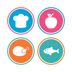 Food icons. Apple fruit with leaf symbol.