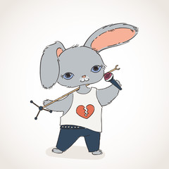 Rabbit singer with a mic and microphone stand. Doodle rock music illustration.