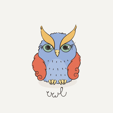 Cute cartoon owl. Lovely owlet in doodle style.