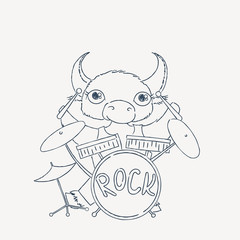 Bull drummer. Doodle rock animal.