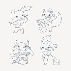 Set of four children's musical characters: calf, rabbits and fox. Guitarist, keyboardist, singer and drummer.