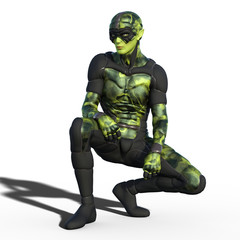 Green alien creature in stylish sci-fi suit outfit isolated on white background. 3d illustration.