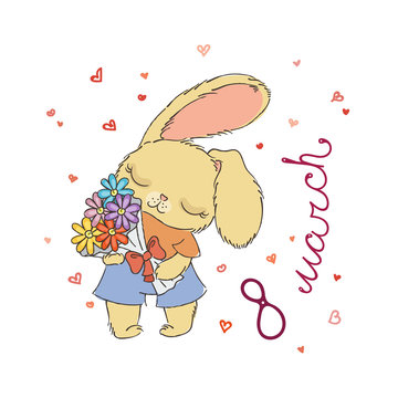 Cute bunny with flowers on March 8. Postcard for design, children's and coloring books, prints.