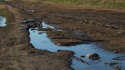 水溜りがある未舗装の道