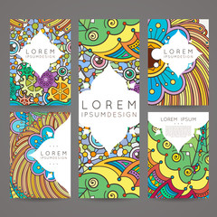 Set of vector design templates. Brochures in random colorful style. Zentangle designs.