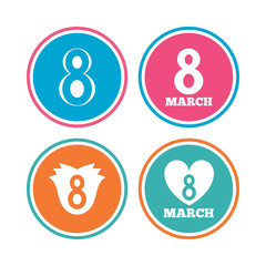 8 March Women's Day icons. Flower, heart symbols.