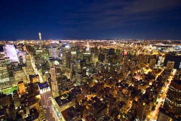 Aerial view of Manhattan New York City at night