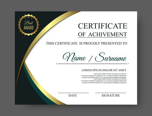 Gold luxury certificate of achivement template with golden award.