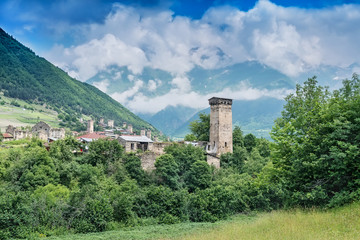 Fototapeta na wymiar Svanetia Tower in mountains georgian village, Georgia