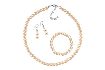 Fashion set of a necklace, a bracelet and a pair of earrings made of bronze medium-sized round beads like pearls, fashion isolated on white background, clipping path included