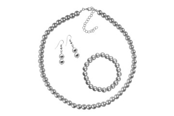 Fashion set of a necklace, a bracelet and a pair of earrings made of dark grey medium-sized round...