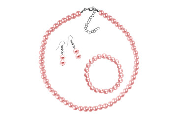Fashion set of a necklace, a bracelet and a pair of earrings made of medium-sized round beads, isolated on white background, clipping path included