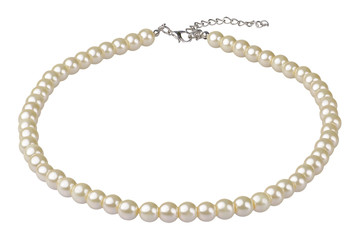 White big elegant necklace made of medium-sized round beads like pearls, fashion item in perspective, isolated on white background, clipping path included
