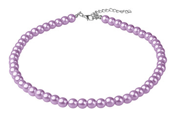 Violet big elegant necklace made of medium-sized round beads like pearls, fashion item in perspective, isolated on white background, clipping path included