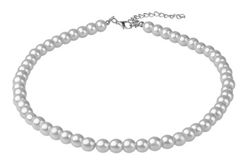 Silvery big elegant necklace made of medium-sized round beads like pearls, isolated on white background, clipping path included